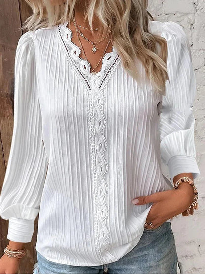 Women's Lace Stitching Shirt Loose Stitching V-neck Long Sleeve Pullover Chiffon Shirt