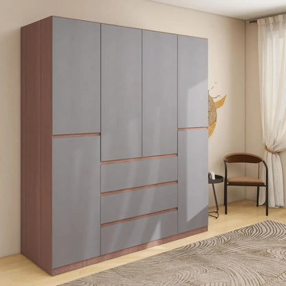 74.8" Wooden Wardrobe with 4 Doors and 3 Drawers - Gray Storage Cabinet