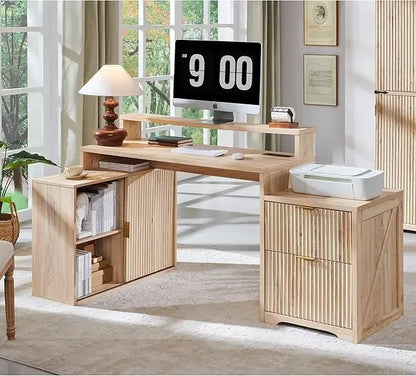 67" Modern L Shaped Desk with Storage Cabinet & Drawers, Wood Home Office Desk with Power Outlets, Fluted Computer Wr