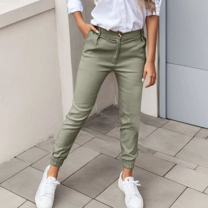 Women High Waist Button Ankle-Tied Solid Color Pants